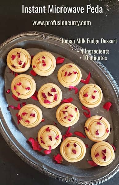 Pinterest image for Indian Milk Fudge Dessert called Peda. This instant Microwave peda requires only 4 ingredients and 10 minute cooking time.Desser