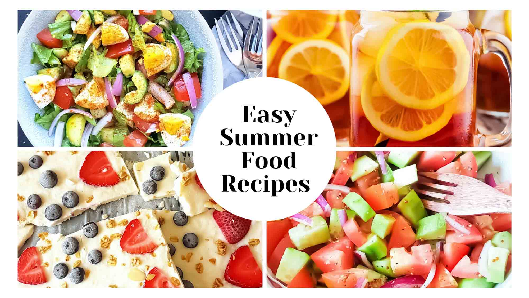 Collage of various summer dinner recipe photos with text .