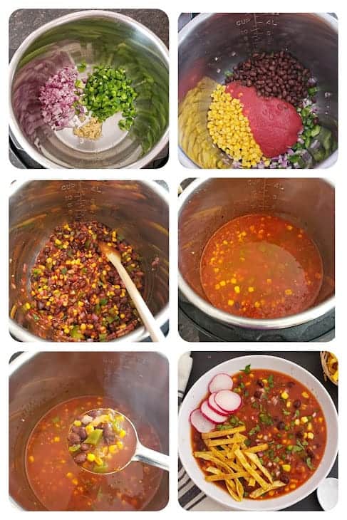 Process shot collage sowing six steps involved in making this Instant Pot Soup recipe.