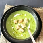 Pinterest image with text overlay for Creamy Asparagus Broccoli Soup made in Instant Pot.