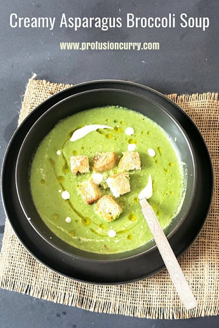 Pinterest image with text overlay for Creamy Asparagus Broccoli Soup made in Instant Pot.