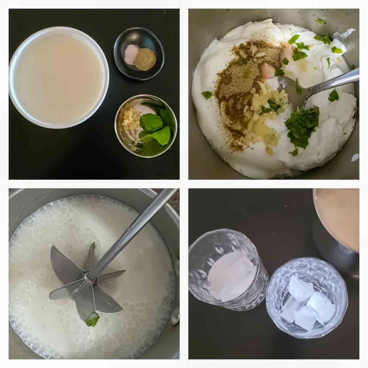 Collage showing how to make Easy homemade masala chaas blended until frothy.
