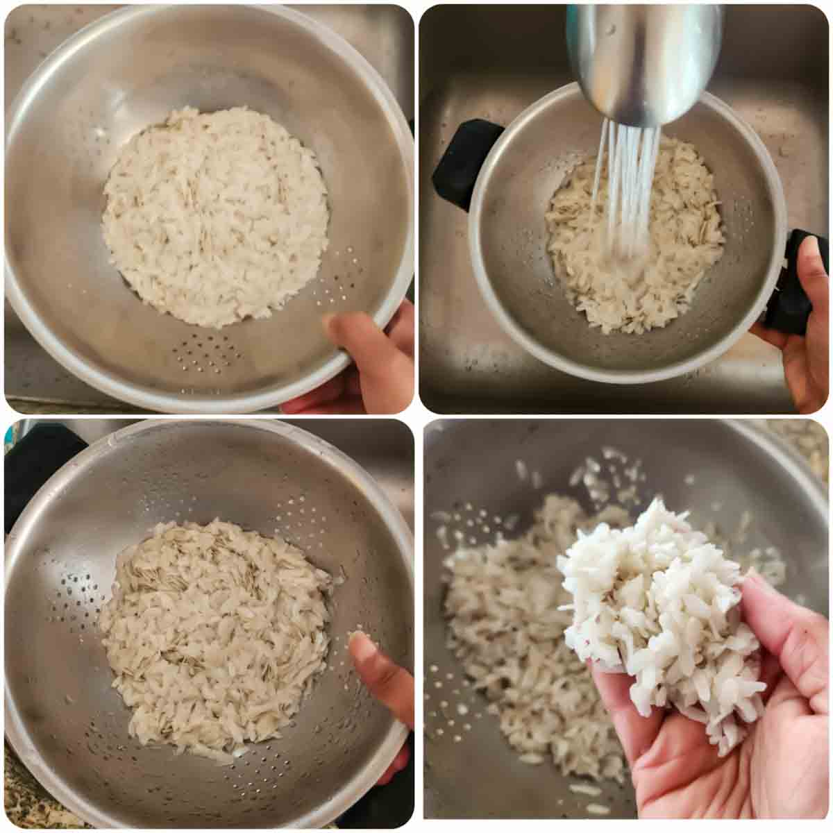 Rinsing the dry pohe to make fluffy kande pohe.