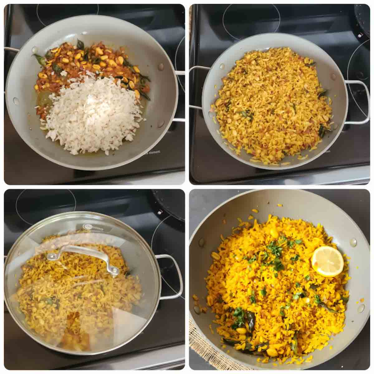 Process step collage showing how to make poha recipe.