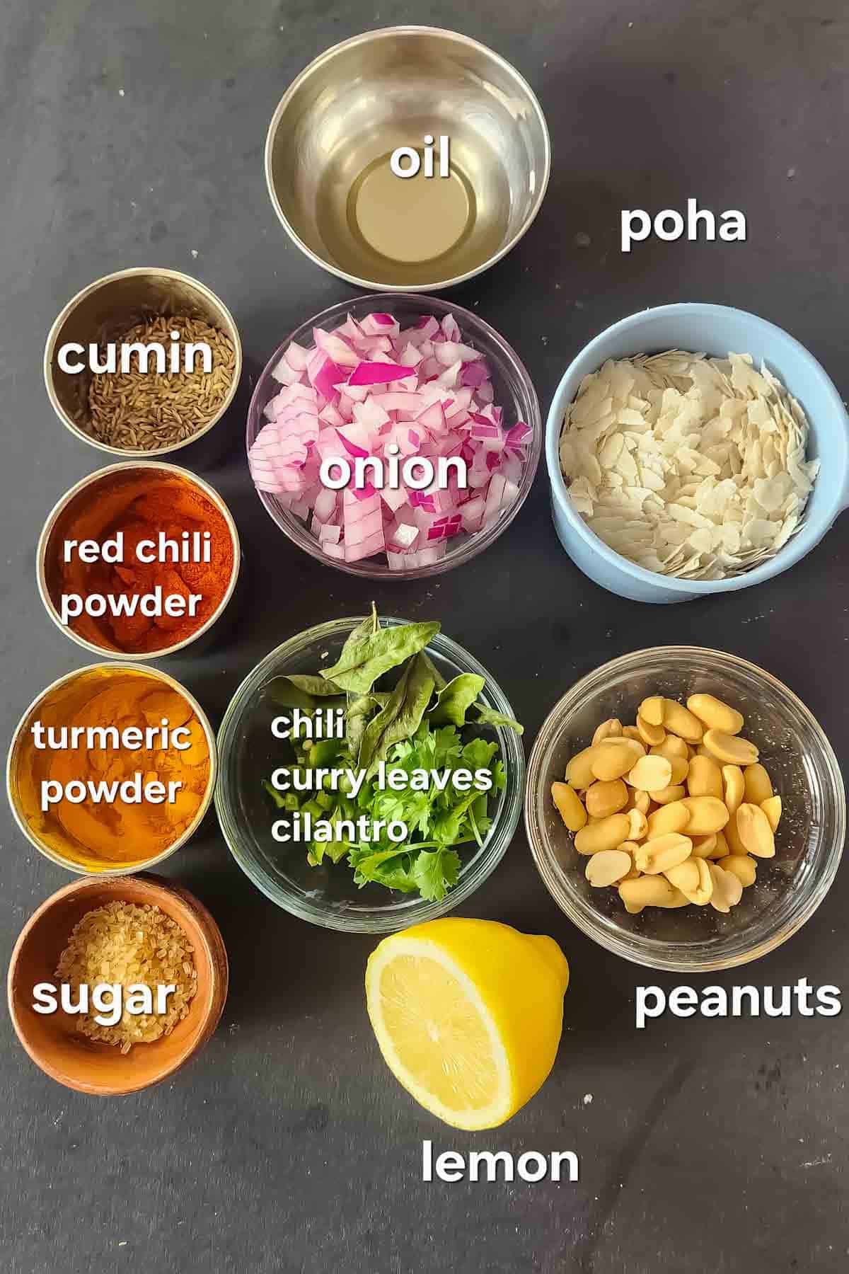 Vegan and gluten-free ingredients used in making classic Indian breakfast recipe of poha ( pohe)