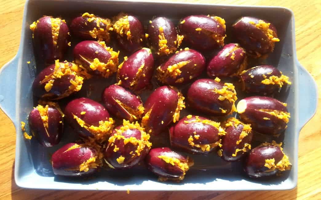 Stuffed Eggplants or Indian Bharli Vangi stuffed and ready to be cooked.