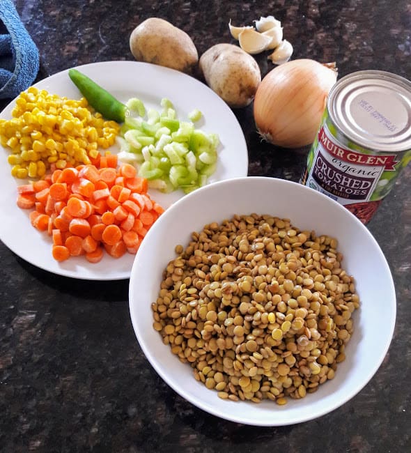 Vegetable mix and Lentils used in Vegan and gluten free Lentil Chili Recipe.