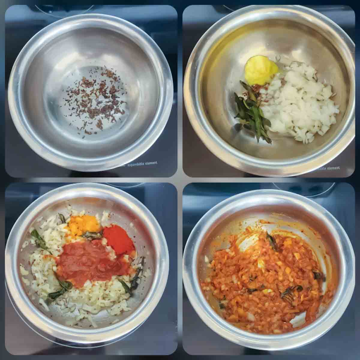 How to Make Indian Eggplant Curry on stove top or Instant Pot -process steps collage.