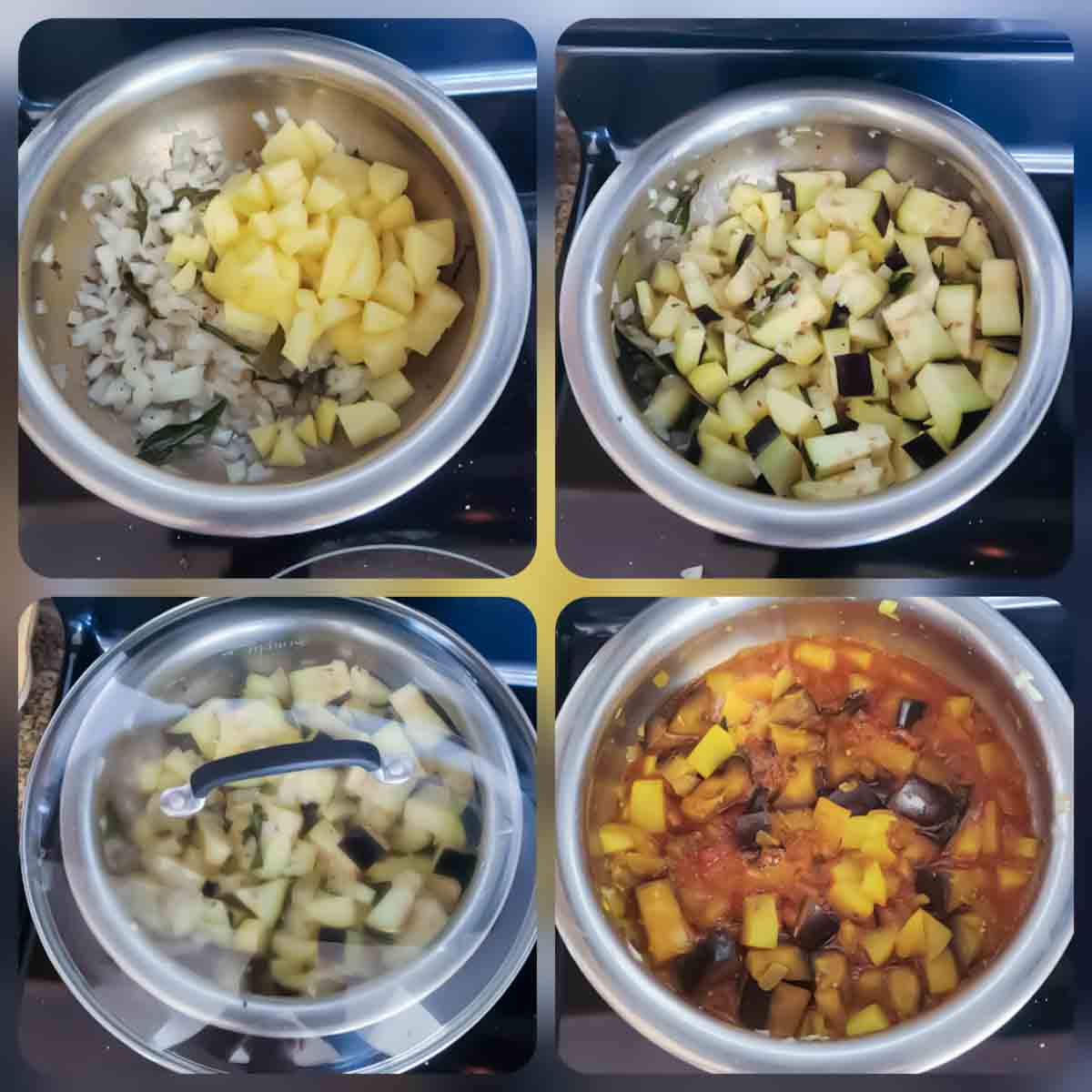 Indian eggplant curry aloo baingan with potatoes and tomatoes.