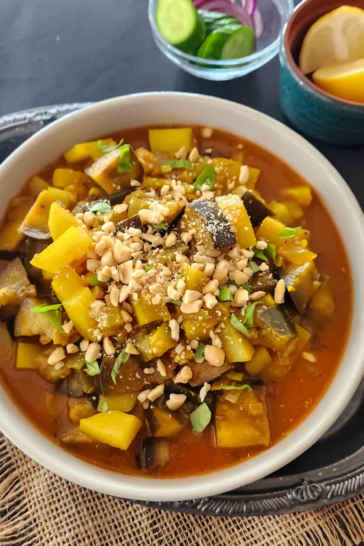 Indian eggplant curry aloo baingan with potatoes and tomatoes made in Instant Pot or Stove top.