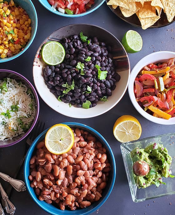 Overhead shot of decorated taco stuffings.