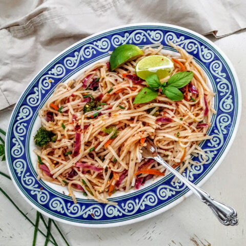 Rice Noodles with Rainbow Veggies Stir Fry served with a fork.