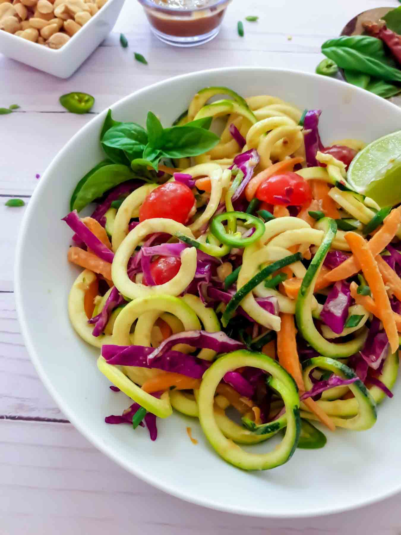 Homemade Thai peanut sauce and zoodles salad.