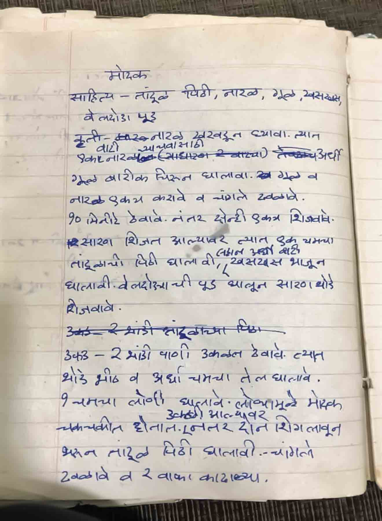 Handwritten recipe of Ukadiche Modak from my grandma. Such traditional Marathi recipes are my cherished treasures.