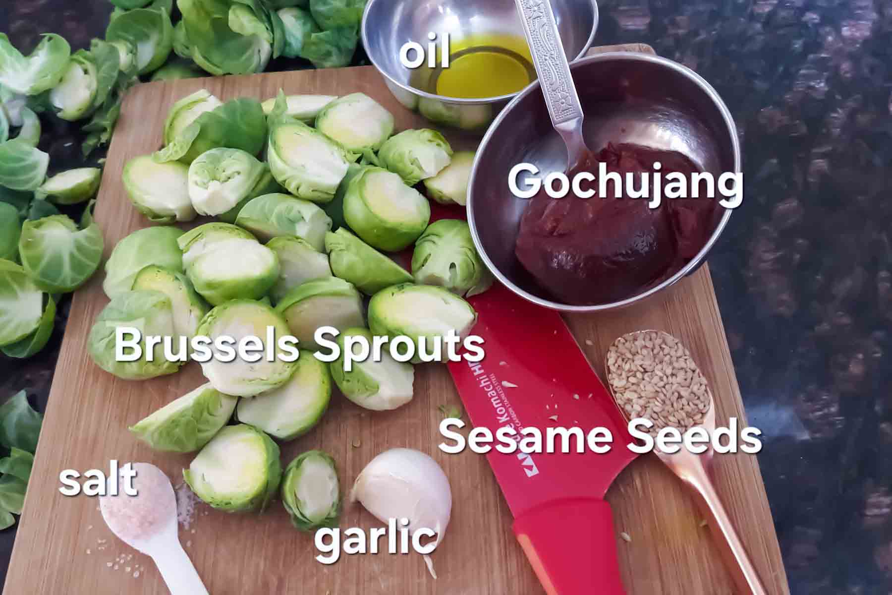 Just 4-ingredients used in making Korean Gochujang Spiced Brussels Sprouts recipe which also is vegan and gluten-free.