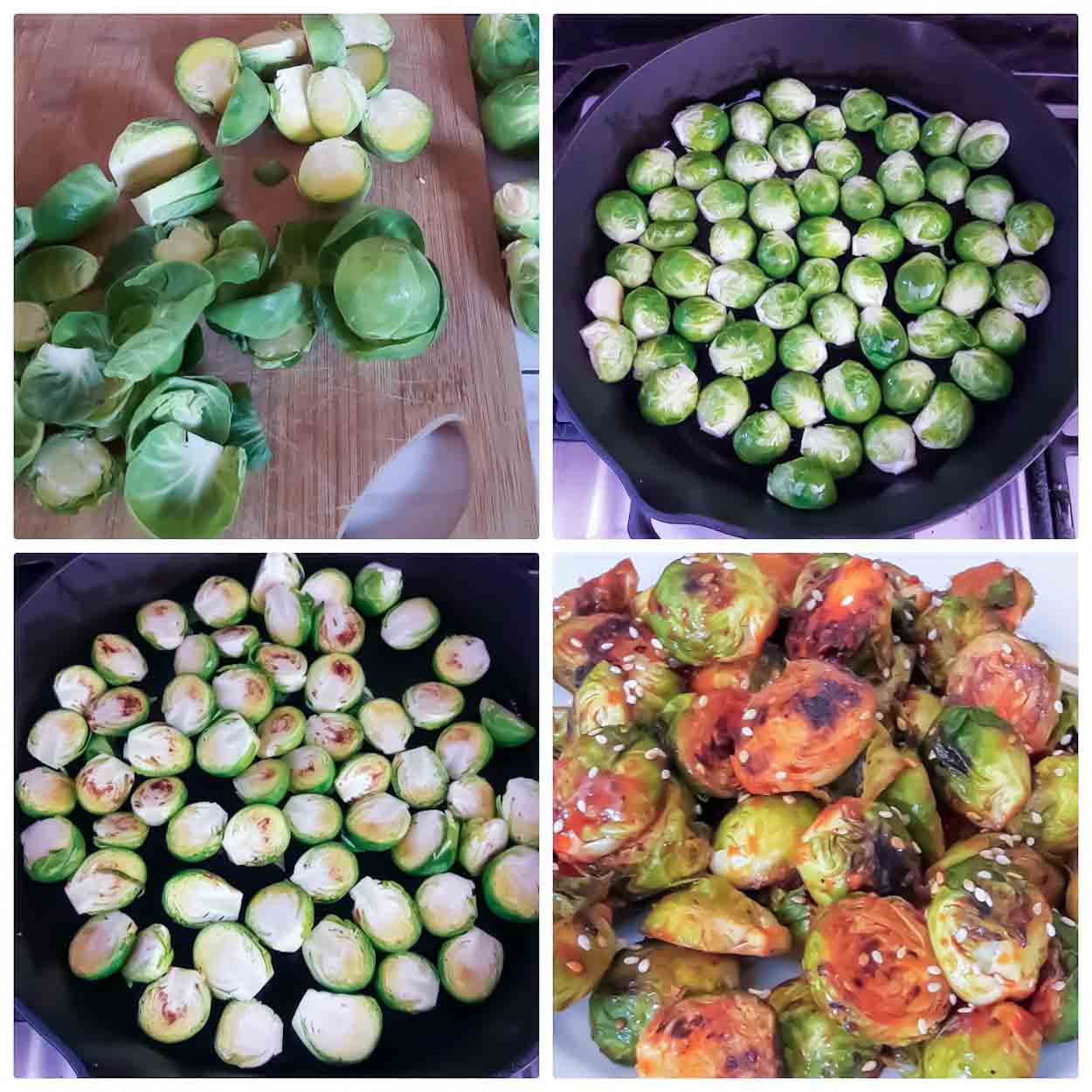 How to Make Roasted Brussels sprouts tossed with gochujang and sesame oil.