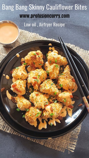 Pinterest image with text overlay for Bang Bang Cauliflower Bites made in Airfryer. 