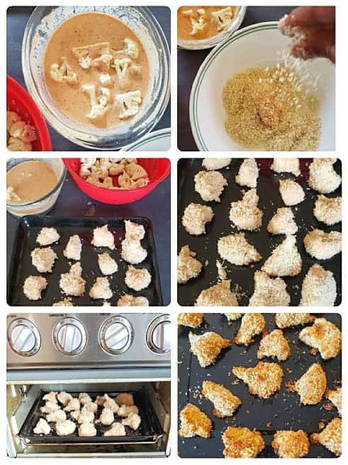 Process step collage showing important six steps involved in making the air fryer appetizer recipe of Bang Bang Skinny Cauliflower Nuggets.