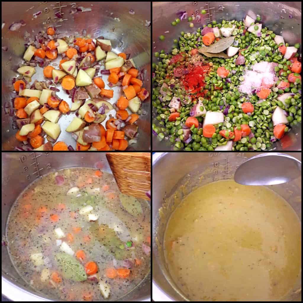 Process step collage showing four steps involved in making Spilt Pea Soup in Instant Pot.