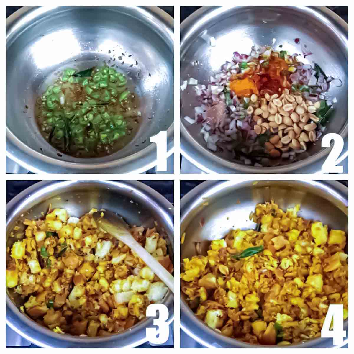 Photo collage showing four major steps in making bread upma recipe for Indian breakfast.