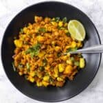 Masala Bread Upma made with toasted bread and Indian spices.