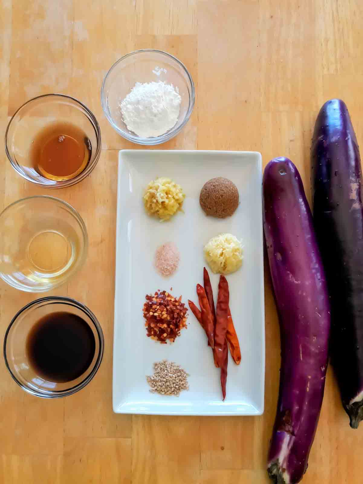 Ingredients used in making vegan Chinese Eggplant curry in garlic sauce. 