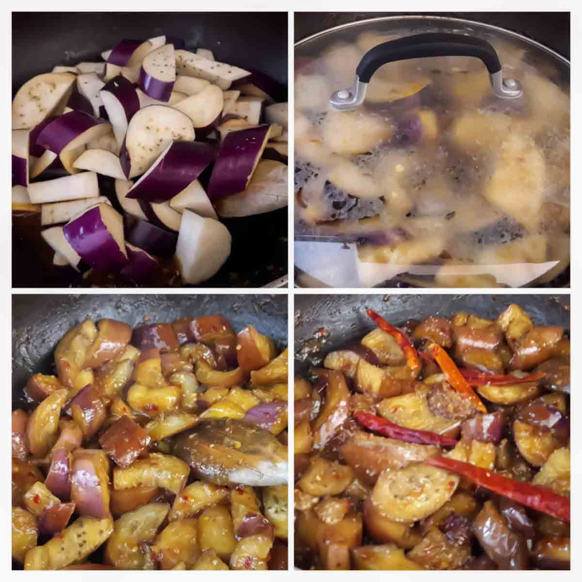 Step by step image collage of Vegetarian Chinese eggplant recipe with garlic, chili, and savory sauce.