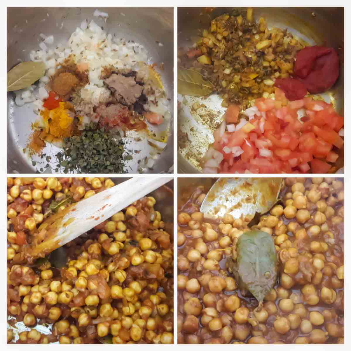 Collage of 4 steps  showing how to make Easy Instant Pot Chole Masala recipe with chickpeas, spices, and herbs