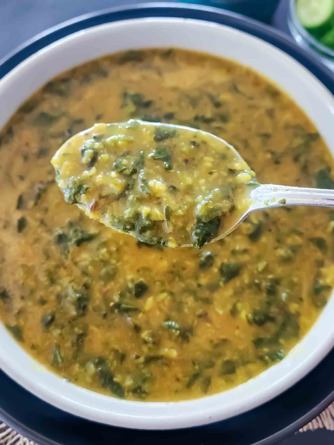 Easy Spinach Dal (Dal Palak) made with lentils, fresh spinach, and Indian spices. This vegan, gluten-free recipe includes Instant Pot and stovetop cooking.