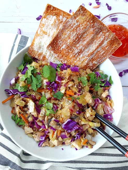 Egg-Roll-in-a-Bowl-with-wonton-wrappers and chopsticks