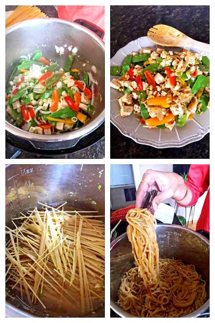 Process shots describing the Chili Garlic Asian Noodles Recipe. Noodles and veggies are cooked separately to retain the texture.