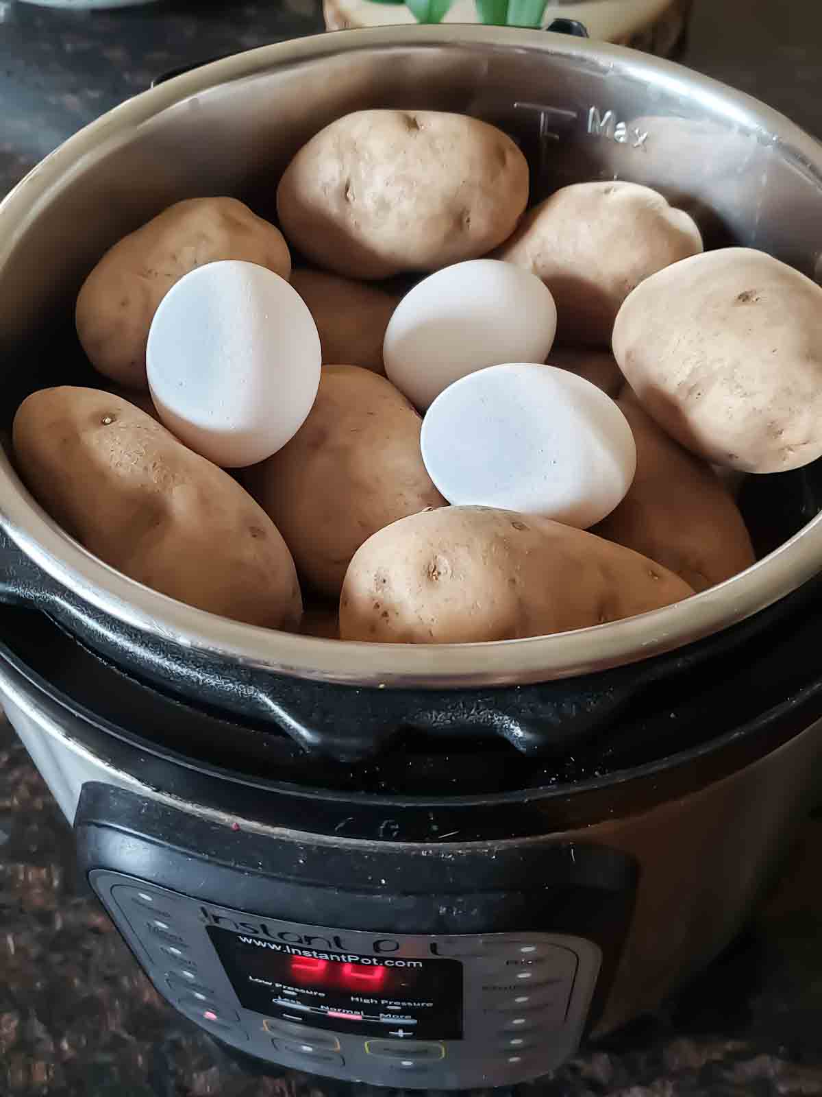 How to cook potatoes and eggs in Instant Pot to make creamy potato salad.