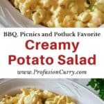Creamy Potato salad served for a Pinterest image with text overlay.