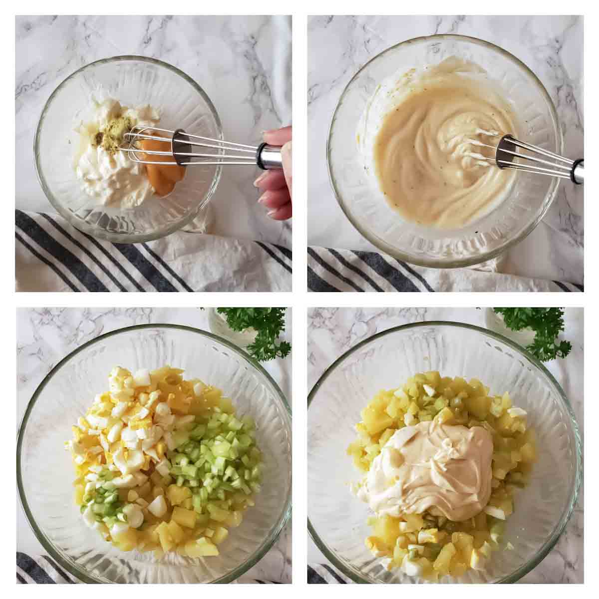 Step by step photo collage showing how to make potato salad at home.
