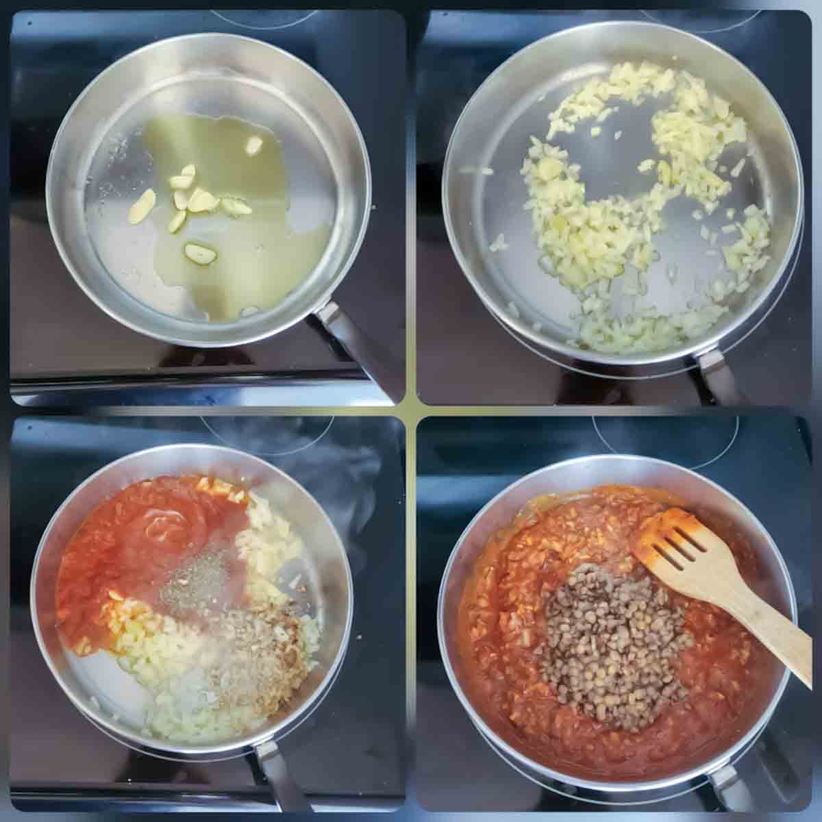 Process step collage showing important steps in making vegan and gluten-free Bolognese sauce with Lentils.