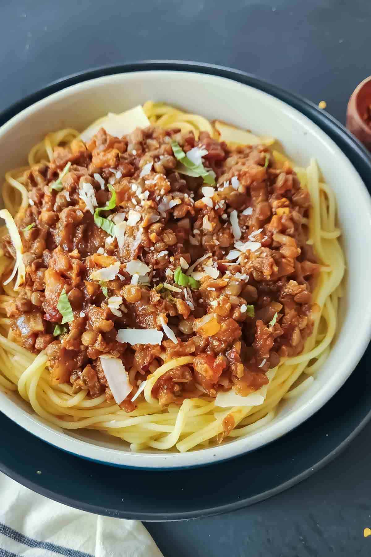Gluten-free spaghetti topped with homemade lentil Bolognese.
