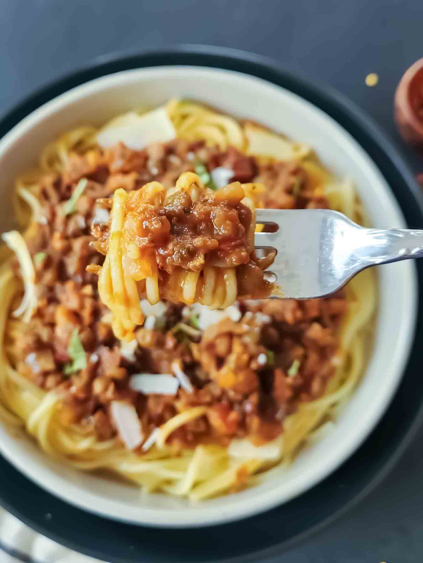 Vegan lentil Bolognese sauce made with lentils and tomatoes.