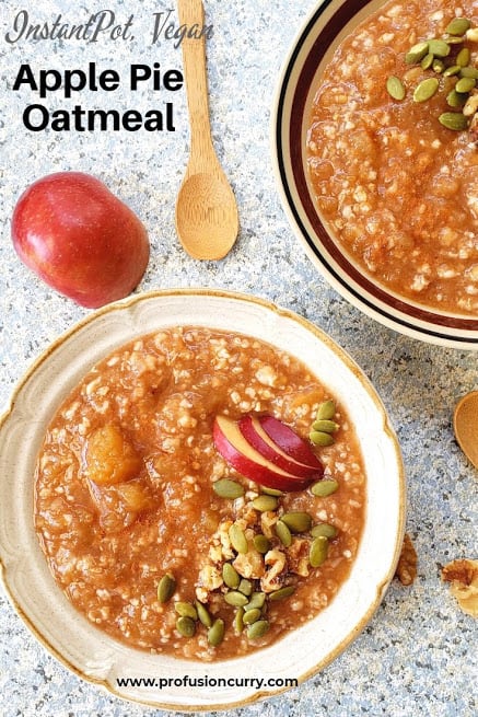 Instantpot Apple Pie Oatmeal served in the two bowls with garnishes. This image is with texts for Pinterest.