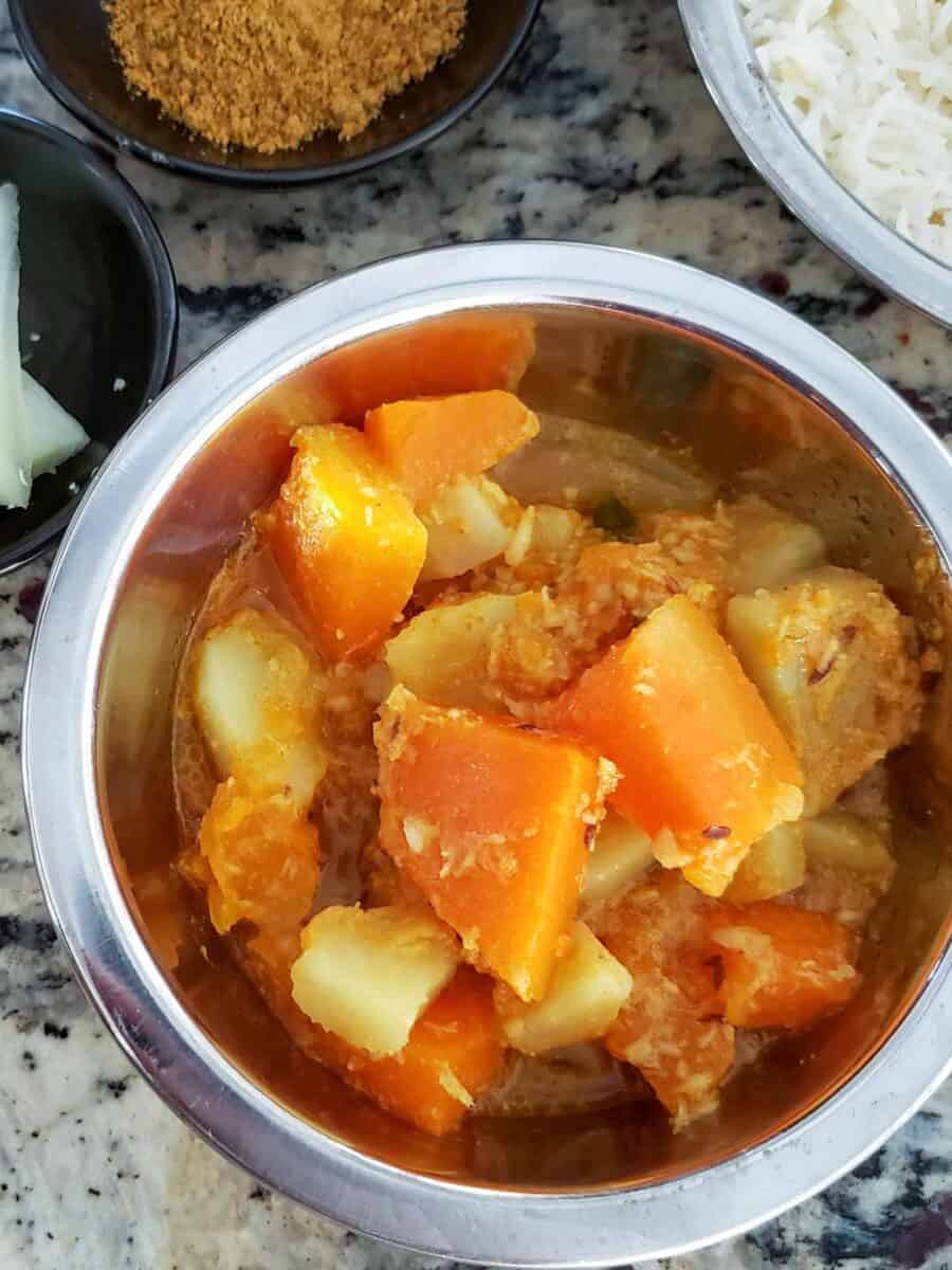 A close up of hearty creamy texture of the mildly spicy curry recipe.