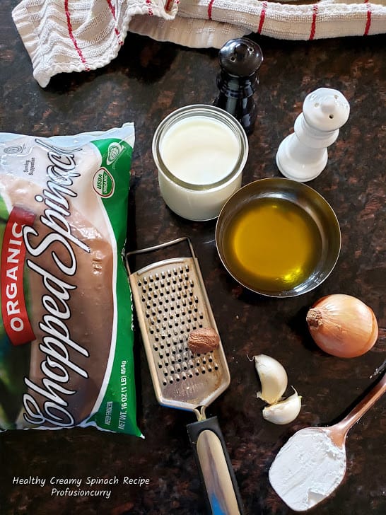 Display of ingredients to make steakhouse creamed spinach recipe at home.