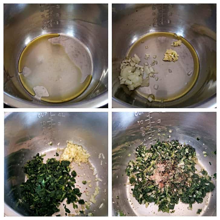 Process shot collage displaying steps to make creamed spinach in Instant pot.