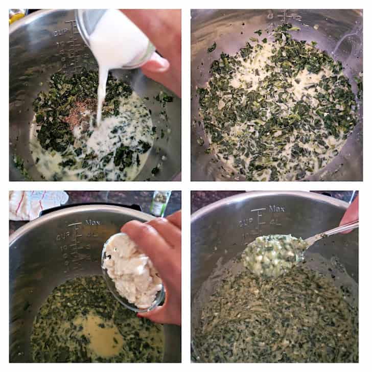 Process shot collage of creamed spinach in making.