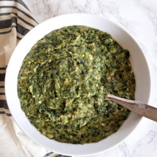 Creamed Spinach Recipe overhead shot showing decadent cremy texture. This steakhouse creamed spinach recipe is plant based vegan and glutenfree yet creamy and decadent.