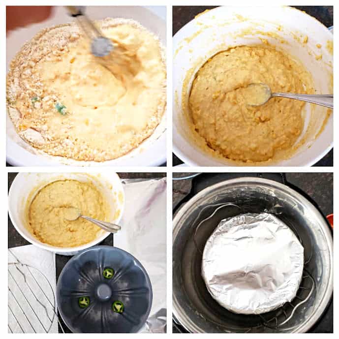 Process shot collage to make home made cornbread in InstantPot.