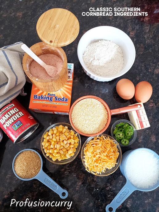 Ingredients needed to make classic cornbread displayed.