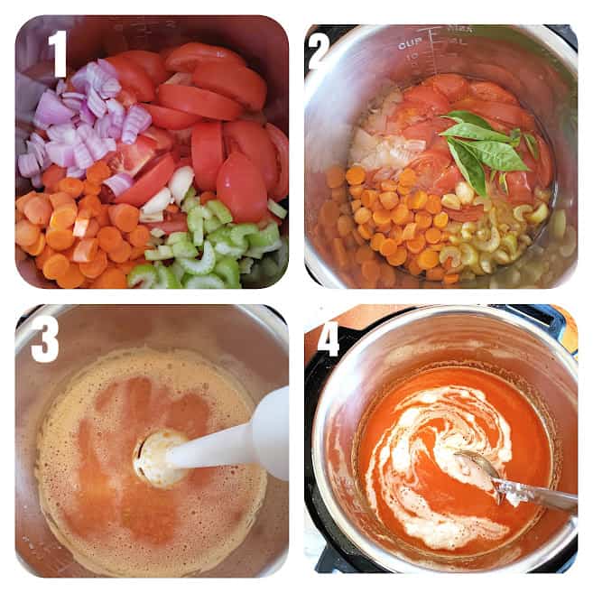 4 Steps phot collage showing how to make Instant Pot Tomato Soup at home.