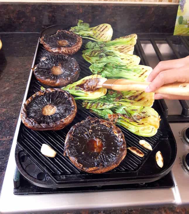 Miso Glazed Grilled Veggies - process shot of grilling veggies.