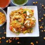 A beautiful serving of ragda patties served along green chuteny , tamrind chutney and sev. This delicious street style snack recipe is popular profusioncurry creation.