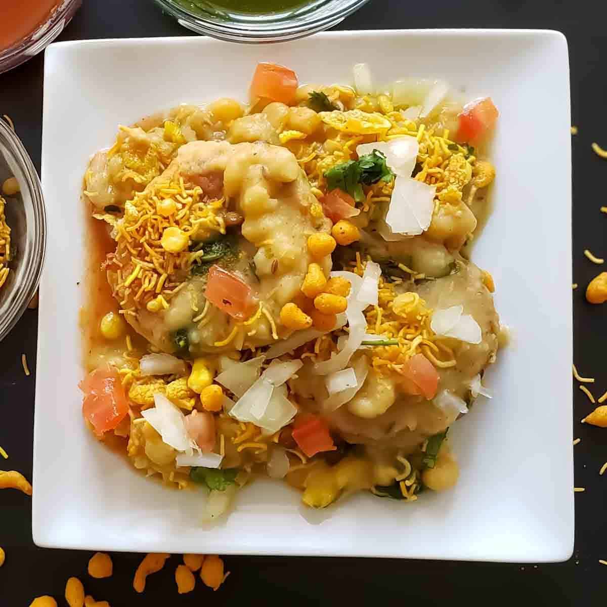 Indian chaat dish and popular street food ragda patties plated.