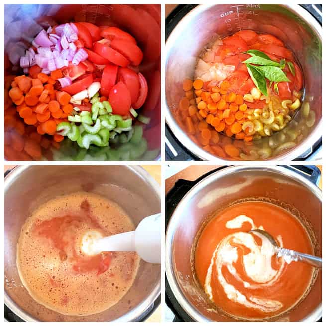 4 step process collage showing steps involved in making Instantpot Dump and Go Tomato Bisque.